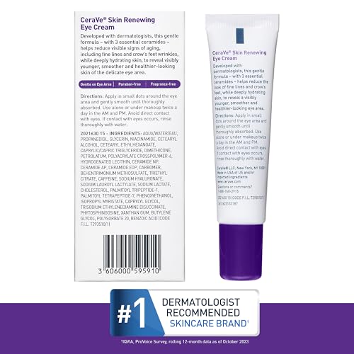CeraVe Skin Renewing Eye Cream For Wrinkles, Under Eye Cream With Peptides + Caffeine + Niacinamide, For Wrinkles & Crows Feet, Paraben Free & Opthalmologist Tested