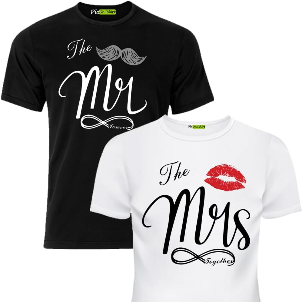 Matching Shirts for Couples, His & Hers Mr and Mrs T‑Shirts Set, Matching Couple T-Shirts for Vacation, Anniversary, Honeymoon Gift Black/White