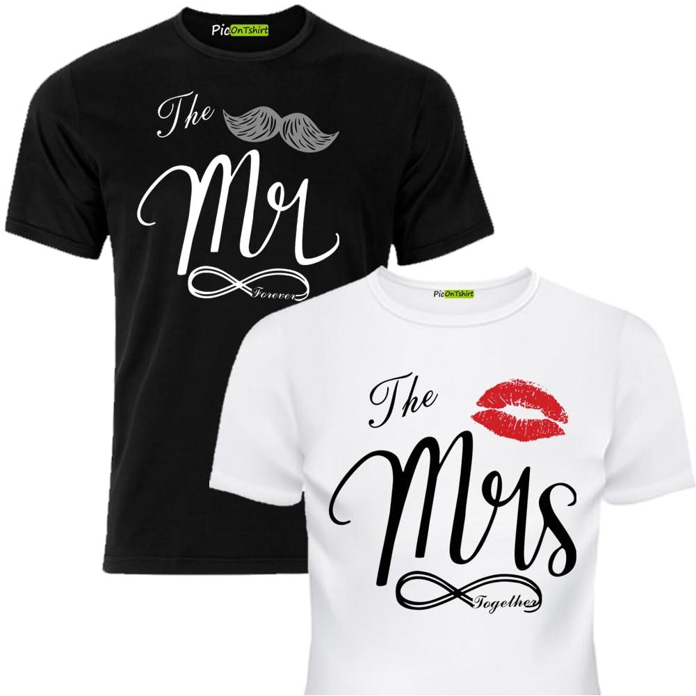 Matching Shirts for Couples, His & Hers Mr and Mrs T‑Shirts Set, Matching Couple T-Shirts for Vacation, Anniversary, Honeymoon Gift Black/White