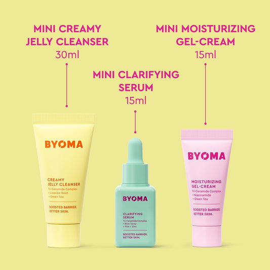 BYOMA So Clear Set - Barrier Repair Skincare Set for Acne Prone Skin - Creamy Jelly Cleanser, Clarifying Face Serum & & Gel-Cream Moisturizer - Unclogs Pores, Targets Blemishes - 30ml, 15ml, 15ml