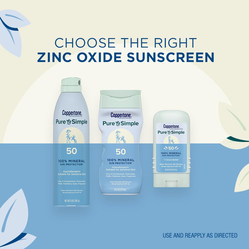 Coppertone Pure and Simple Zinc Oxide Mineral Sunscreen Lotion SPF 50, Water Resistant Sunscreen for Sensitive Skin, Hypoallergenic and Fragrance Free, 6 Fl Oz Bottle, Pack of 2