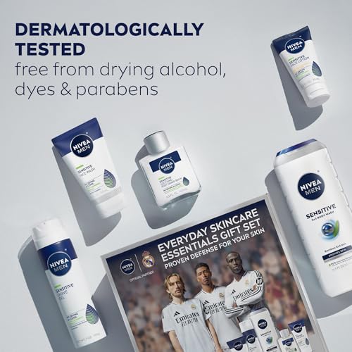 NIVEA MEN Sensitive Skin Care Set for Men, Face Wash, 5 Fl Oz + Body Wash, 16.9 Fl Oz + Shave Gel, 7 Oz + Soothing Post Shave Balm, 3.3 Fl Oz + Face Lotion SPF 15, 2.5 Fl Oz