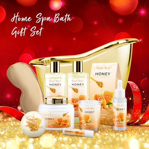 Bath & Body Gift Set, Luxury Home Spa Bath Gift Basket, Honey Almond Scented Bath Set, Pamper Gifts for Women Birthday gifts & Teens, Christmas Spa Gift, Home Spa Gifts for Women Men Dad