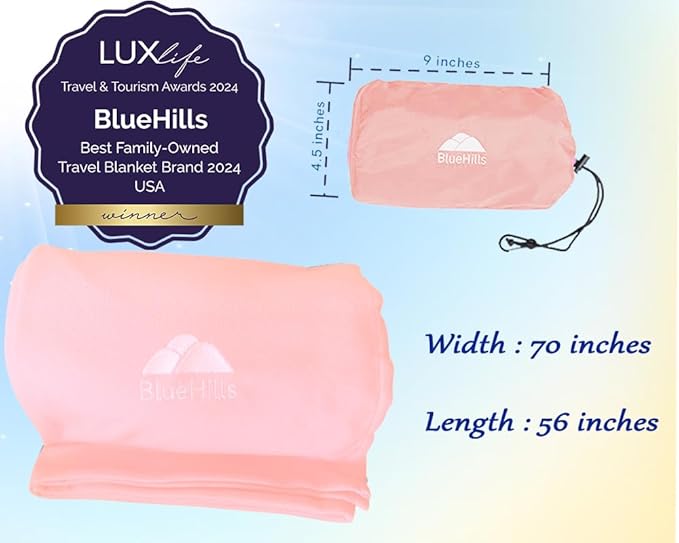 BlueHills Ultra Compact Travel Blanket 2 Pack Large Soft Cozy Portable Blanket Sheet with Carry Case and for Flight Airplane Car Layover Camping Hotel C206-2PK-Pink