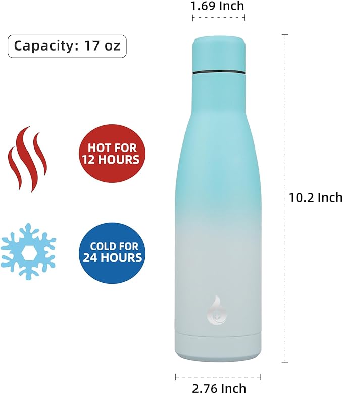 BJPKPK Insulated Water Bottle 17oz Stainless Steel Water Bottles Dishwasher Safe Reusable Metal Thermal Keep Cold and Hot,Sea Salt