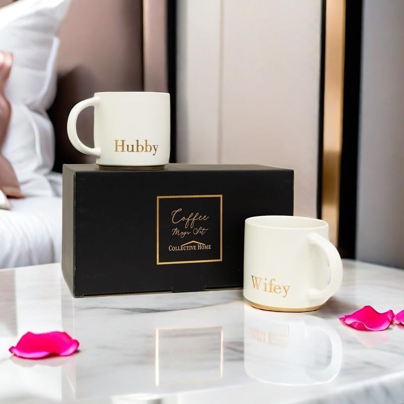 COLLECTIVE HOME - Mr. & Mrs. Ceramic Mugs, Wedding Gift Set, Perfect Luxury Couple's Gift, Elegant Design, Premium Ceramic, 2-Piece Set (Hubby & Wifey)