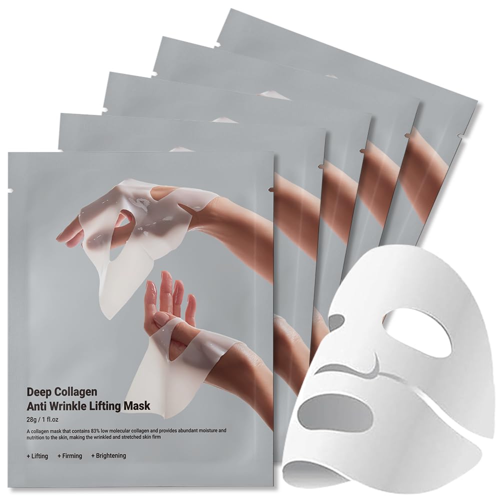 Deep Collagen Anti-Wrinkle Lifting Overnight Mask Facial sheet masks with low molecular weight collagen for lifting, firming, and moisturizing 5 Packs