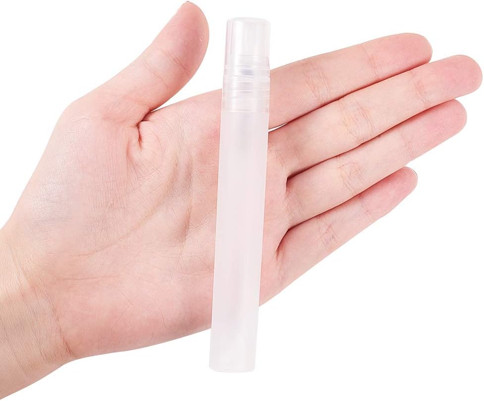 BENECREAT 24 Pack 10ml Frosted Plastic Perfume Tubes Fine Mist Spray Bottle Travel Essentials for Essential Oil, Perfume, Toner, Cleaning Liquid, Festival Gift