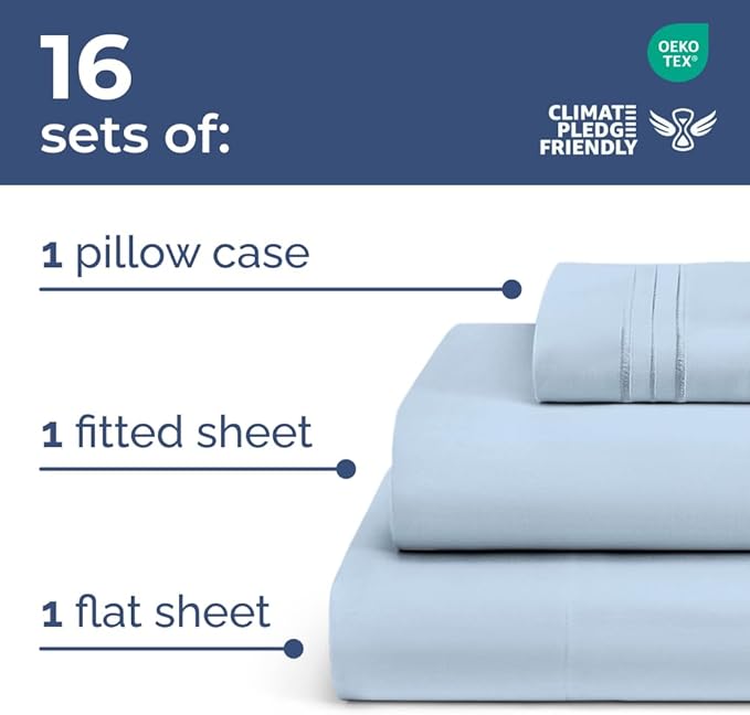 Bulk Case Pack of 16 Sheet Sets - (16) Complete Twin XL Size Sheet Sets w/ Deep Pockets - Wholesale Bulk Bedding for Hotels, Spas & Airbnbs - Breathable, Cooling & Wrinkle Free - (Twin XL, Sky Blue)