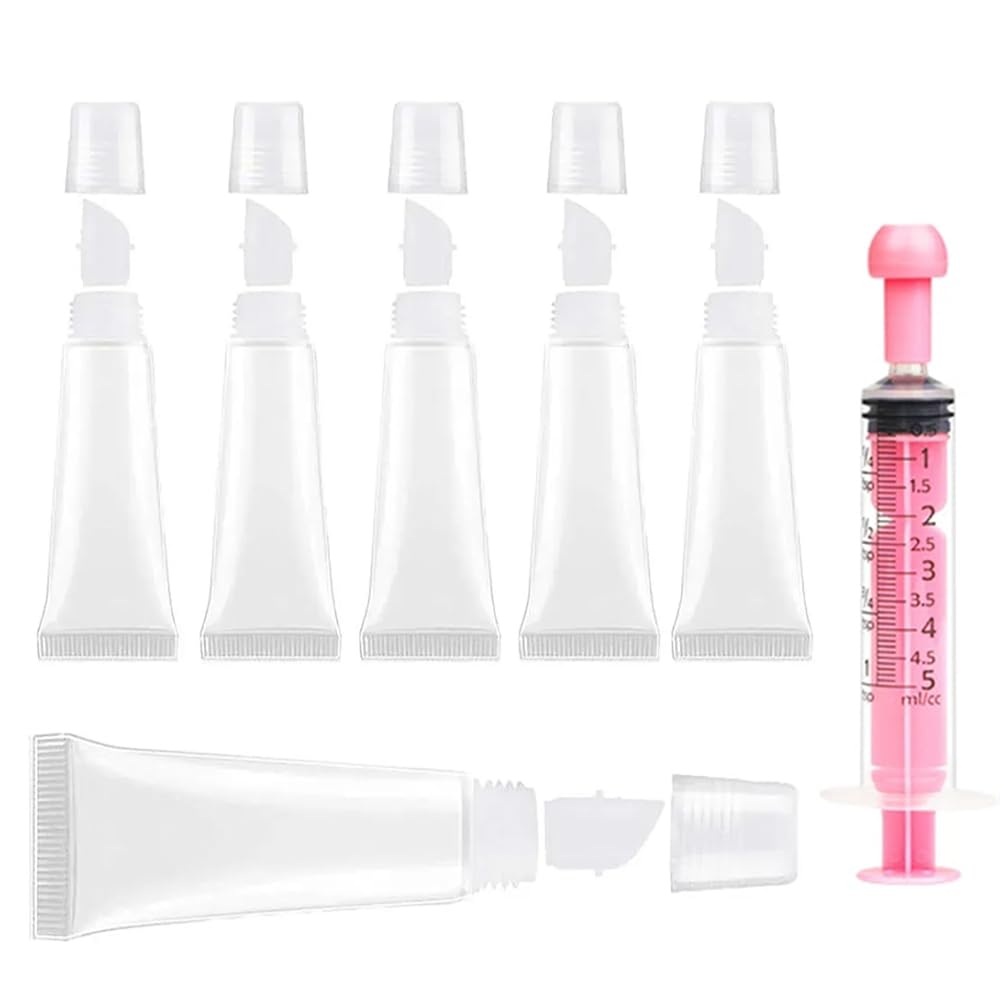 uadbau 6PCS Empty Lip Gloss Tubes - 8ml Clear Lip Balm Tubes with 5ml Syringes - Refillable Squeeze Lip Balm Containers - Mini Cosmetic Soft for DIY Lip Gloss and Travel Toiletries