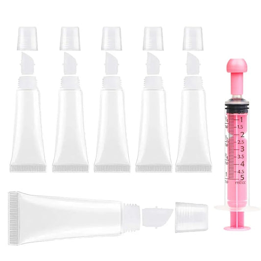 uadbau 6PCS Empty Lip Gloss Tubes - 8ml Clear Lip Balm Tubes with 5ml Syringes - Refillable Squeeze Lip Balm Containers - Mini Cosmetic Soft for DIY Lip Gloss and Travel Toiletries