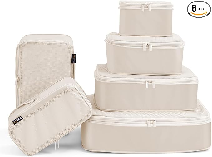 Compression Packing Cubes for Carry on, XL/L/M/S Luggage Organizers (6 Set, Cream White)
