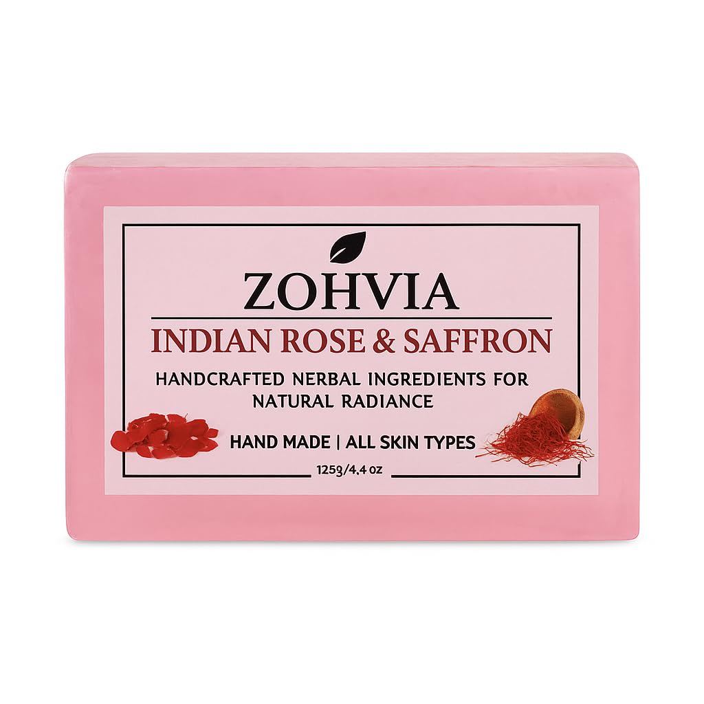 ZOHVIA Pure Indian Saffron (Kesar) & Rose Soap Bar – Handmade Ayurvedic 4.4oz | Natural Glow Cleanser with Coconut & Olive Oil | Chemical-Free, For Men, Women & Teens | All Skin Types | Face & Body