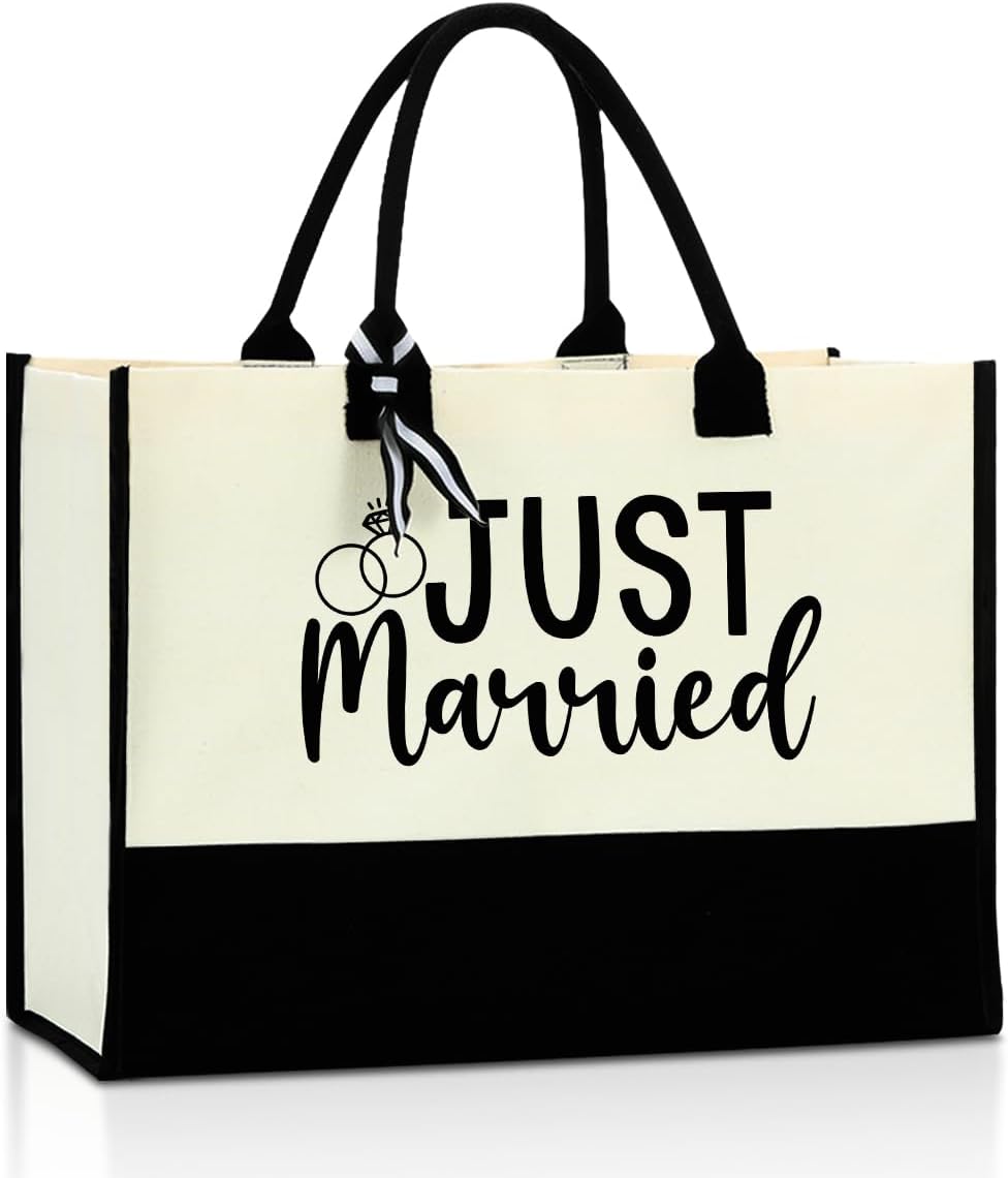 Bride Gifts Just Married Tote Bag, Wedding Bridal Shower Gift,Engagement Gifts for Couples Wife,Bachelorette Party,Honeymoon Essentials, Fiance Newly Engaged Gift Beach Bag Reusable Grocery Bags
