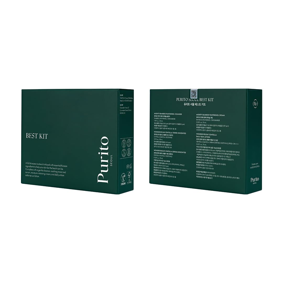 PURITO SEOUL Best Kit - Skincare Routine with Panthenol Cleanser & Cream, Unscented Centella Serum & Toner, For All Skin Types, Gift Set, For Face, Facial Serum, K-Beauty, 3.52 fl. oz.
