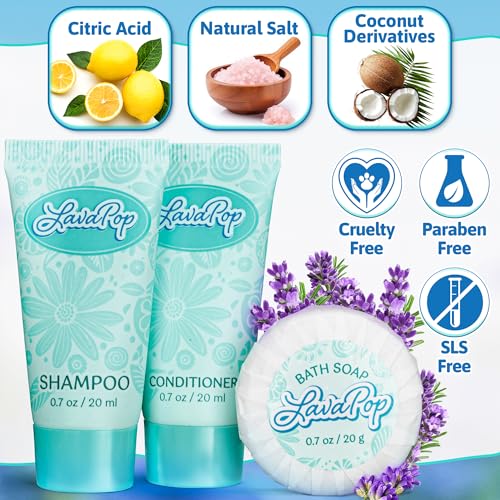 LavaPop - Hotel Soap, Shampoo & Conditioner 3-Piece Set - Iris, Violet & Amber, 0.7 oz each, 150 Pcs - Calming & Comforting Travel Size Amenities - Bulk Toiletries for Airbnb, Motels & Guest Rooms