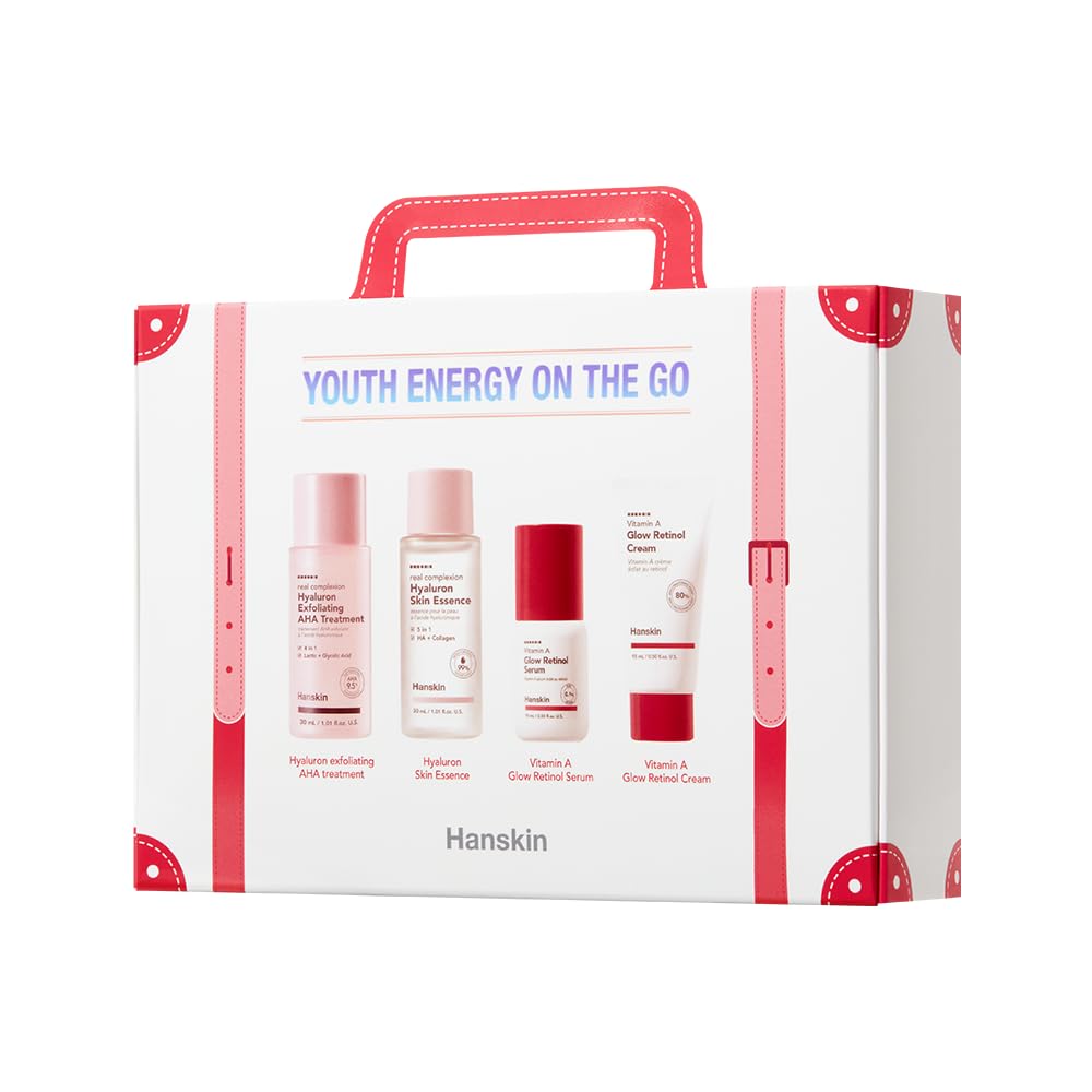 Hanskin Youth Energy On-The-Go Kit – Korean Skincare Travel Set with AHA Toner, Hyaluron Essence, Retinol Serum & Cream | TSA-Friendly Mini Gift Set for Hydration & Radiant Skin
