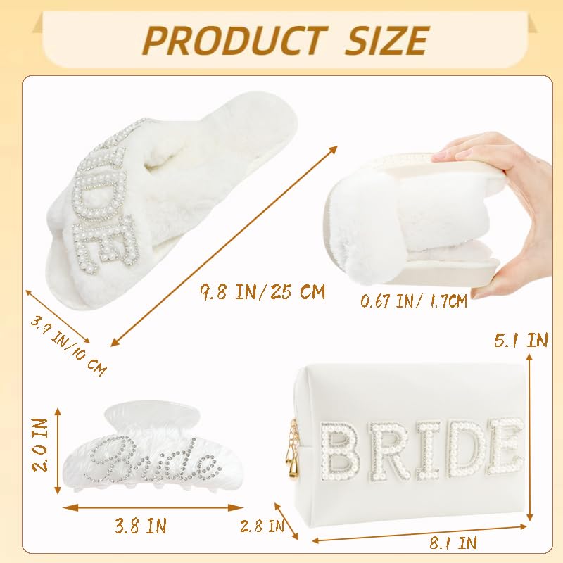 Kovewon Bridal Shower Gifts, Bride to Be Letter Makeup Bag with Pearl Rhinestone Fuzzy Bride Slippers, Hair Clip Wedding Engagement Gifts for Her, Bachelorette gifts