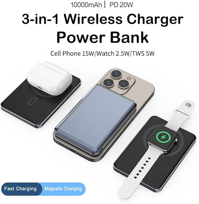 JORDISA Slim Power Bank Titanium 10000mAh - Magnetic Fast Charging Slim Portable Charger, Slim Power Bank Portable Charger for Travel and Daily Use - Lightweight and Durable