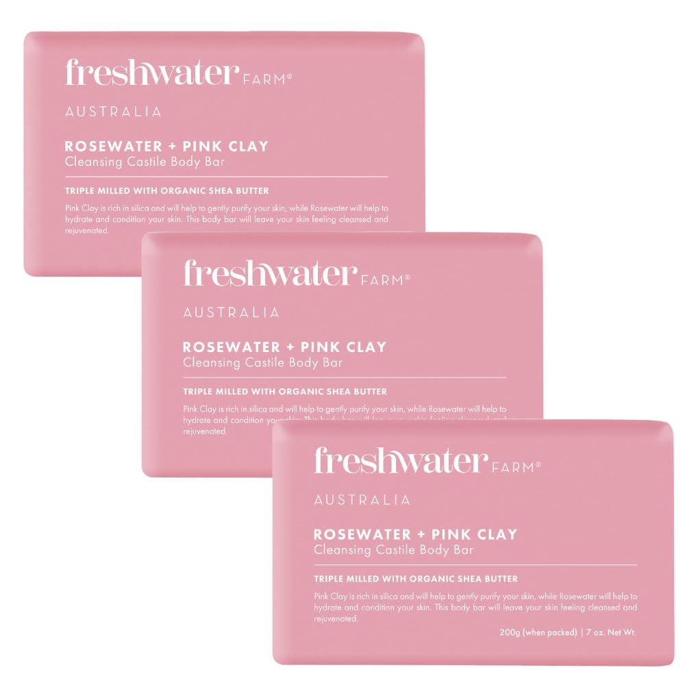 Freshwater Farm Australia Castile Natural Bar Soap | Rosewater + Pink Clay | Australian Made + Family Owned | Triple-Milled with Australian Pink Clay | Recyclable Paper Wrap | 7 oz x 3 pack