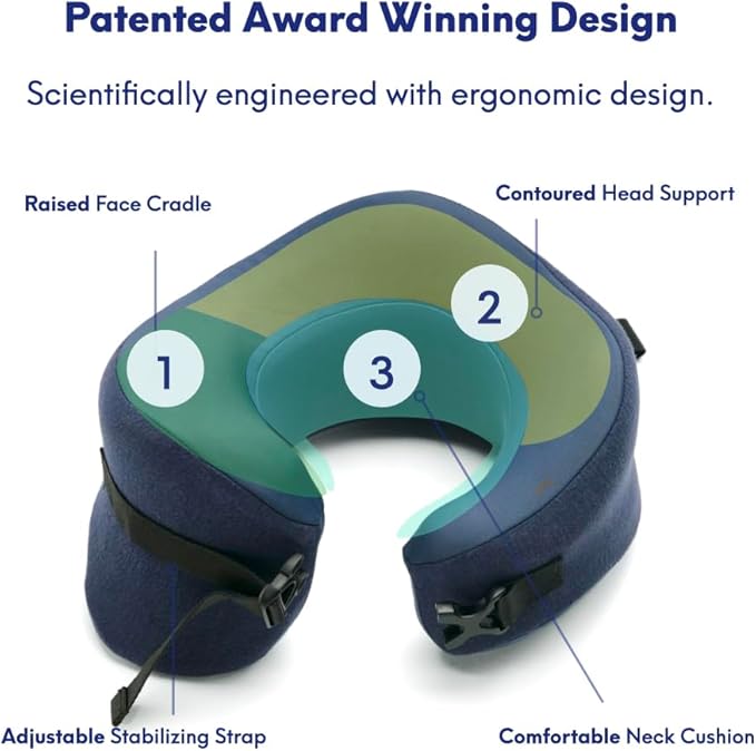 C CUSHION LAB Travel Pillow, Award-Winning Patented Ergonomic Design for Chin & Neck Support Memory Foam Neck Pillow, Compact Airplane Pillow for Traveling, Flight, Car (Navy, Large)