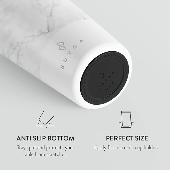 BURGA Travel Coffee Mug (16oz) – Spill-Proof, Secure-Seal Insulated Coffee Mug – Scratch-Resistant, Stainless Steel Travel Mug Stays Hot or Cold – Anti-Slip Coffee Tumbler – White Marble Travel Mug