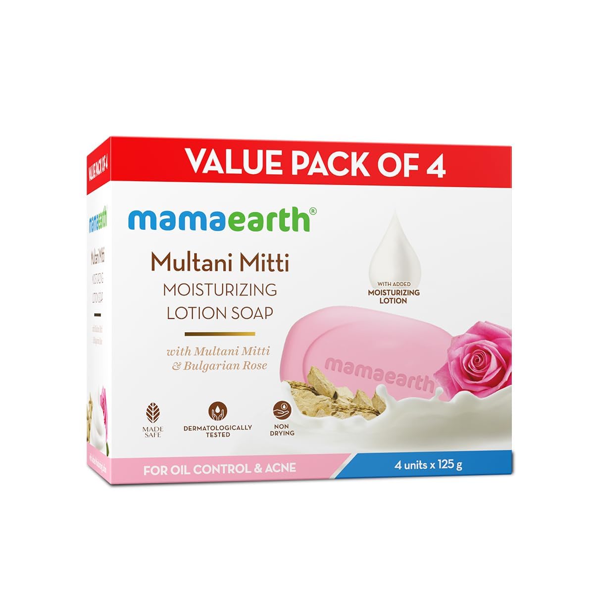 MAMAEARTH Multani Mitti & Rose Moisturizing Lotion Soap Bar | Controls Oil & Body Acne | Bentonite Clay Bar for Oil & Acne Free Skin | for Face & Body | 4 Bars (4.41 Oz/125g Each)