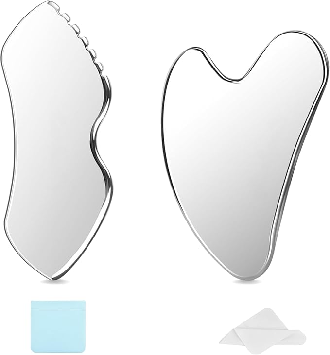 2Pcs Gua Sha Facial Tools Stainless Steel - Lift, Depuff & Glow | Spa-Grade, Travel-Ready, Metal GuaSha Tool for Face, Neck, Body Lymphatic Drainage Massager Natural Skin Care