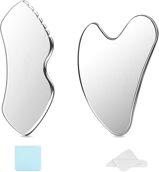 2Pcs Gua Sha Facial Tools Stainless Steel - Lift, Depuff & Glow | Spa-Grade, Travel-Ready, Metal GuaSha Tool for Face, Neck, Body Lymphatic Drainage Massager Natural Skin Care