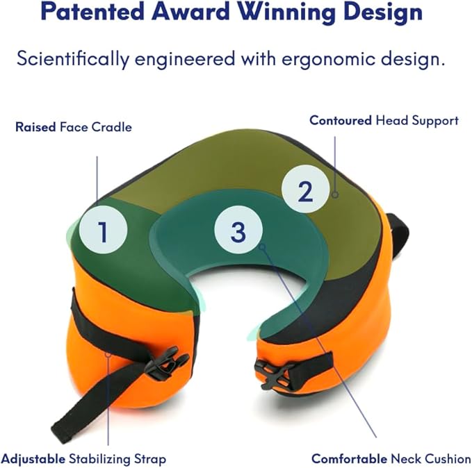 C CUSHION LAB Travel Pillow, Award-Winning Patented Ergonomic Design for Chin & Neck Support Memory Foam Neck Pillow, Compact Airplane Pillow for Traveling, Flight, Car (Dynamic Orange, Large)