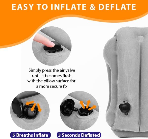 Inflatable Travel Pillow - Airplane Pillow for Neck Support on Long Flights, Buses, Cars, Office & Trains - Comes with Eye Mask, Earplugs & Portable Drawstring Bag - Grey