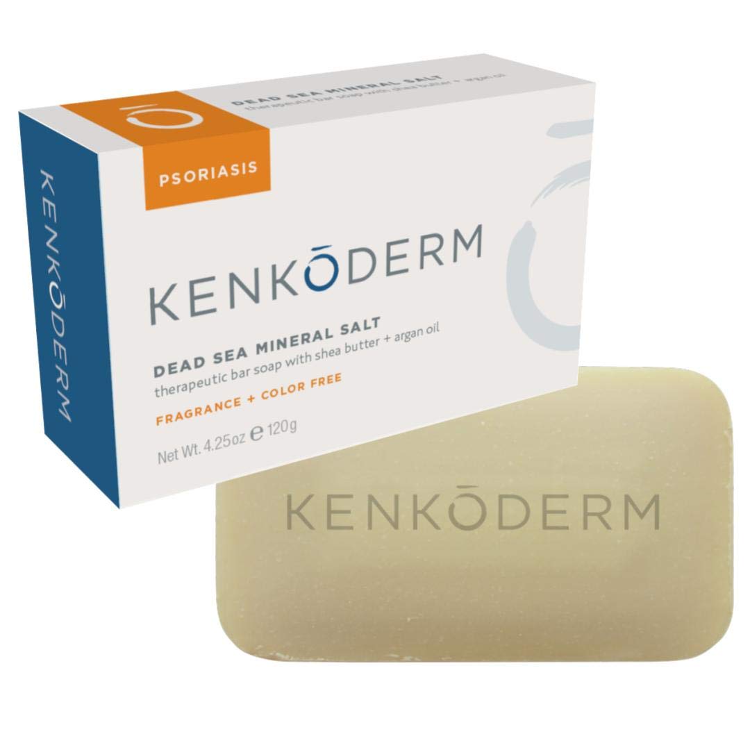 Kenkoderm Psoriasis Dead Sea Mineral Salt Soap with Argan Oil & Salicylic Acid, Natural Exfoliating Body & Face Cleanser for Sensitive Skin, Color & Fragrance Free, 4.25 Ounce, 1 Bar