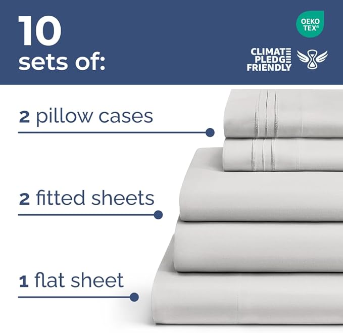 Bulk Case Pack of 10 Sheet Sets - (10) Complete Split King Size Sheet Sets with Deep Pockets - Wholesale Bulk Bedding for Hotels, Spas & Airbnbs - Breathable & Wrinkle Free - (Split King, French Grey)