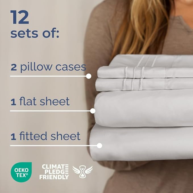 Bulk Case Pack of 12 Sheet Sets - (12) Complete Cal King Size Sheet Sets w/Deep Pockets - Wholesale Bulk Bedding for Hotels, Spas & Airbnbs - Breathable, Soft & Wrinkle Free - (Cal King, French Grey)