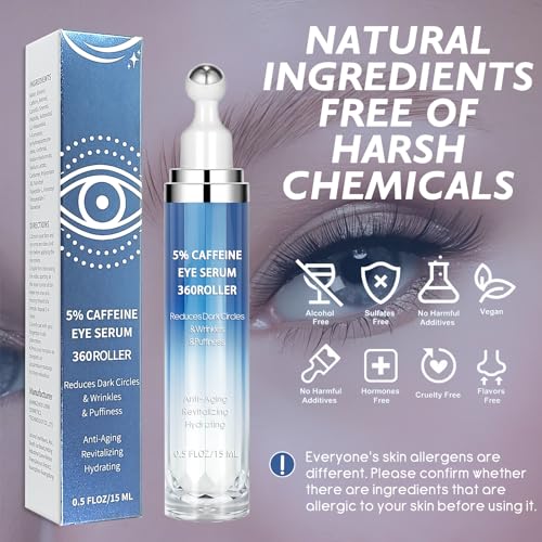Caffeine & Retinol Eye Cream with 360° Massage Roller – Reduces Puffiness, Bags & Dark Circles – Peptides, Green Tea & Hyaluronic Acid – 15ml