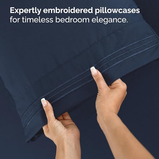 Bulk Case Pack of 12 Sheet Sets - (12) Complete Queen Size Sheet Sets with Deep Pockets - Wholesale Bulk Bedding for Hotels, Spas & Airbnbs - Breathable, Cooling & Wrinkle Free - (Queen, Navy Blue)