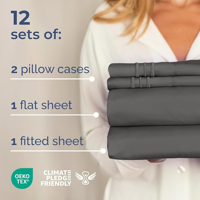 Bulk Case Pack of 12 Sheet Sets - (12) Complete Cal King Size Sheet Sets w/Deep Pockets - Wholesale Bulk Bedding for Hotels, Spas & Airbnbs - Breathable, Soft & Wrinkle Free - (Cal King, Charcoal)