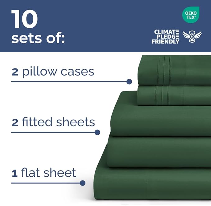 Bulk Case Pack of 10 Sheet Sets - (10) Complete Split King Size Sheet Sets w/ Deep Pockets - Wholesale Bulk Bedding for Hotels, Spas & Airbnbs - Breathable & Wrinkle Free - (Split King, Emerald Green)