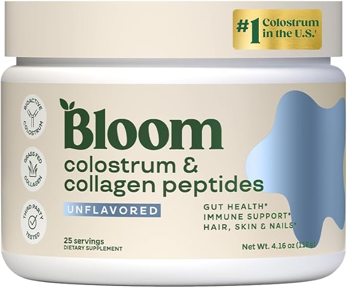 Bloom Nutrition Bovine Colostrum Powder with Vitamin B-12 for Gut Health, Immune Support, Hair Growth & Beauty Supplement | Unflavored, 25 Servings