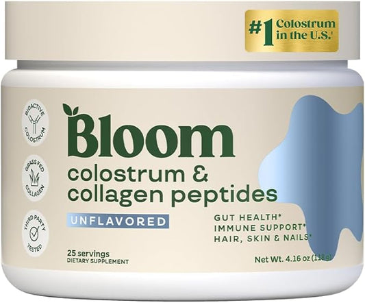 Bloom Nutrition Bovine Colostrum Powder with Vitamin B-12 for Gut Health, Immune Support, Hair Growth & Beauty Supplement | Unflavored, 25 Servings