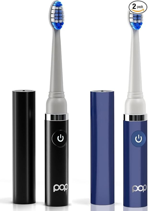 2-Pack Pop Sonic Electric Toothbrush (Navy Blue + Black) - Travel Toothbrushes w/AAA Battery | Kids Electric Toothbrushes with 2 Speed & 15,000-30,000 Strokes/Minute, Dupont Nylon Bristles