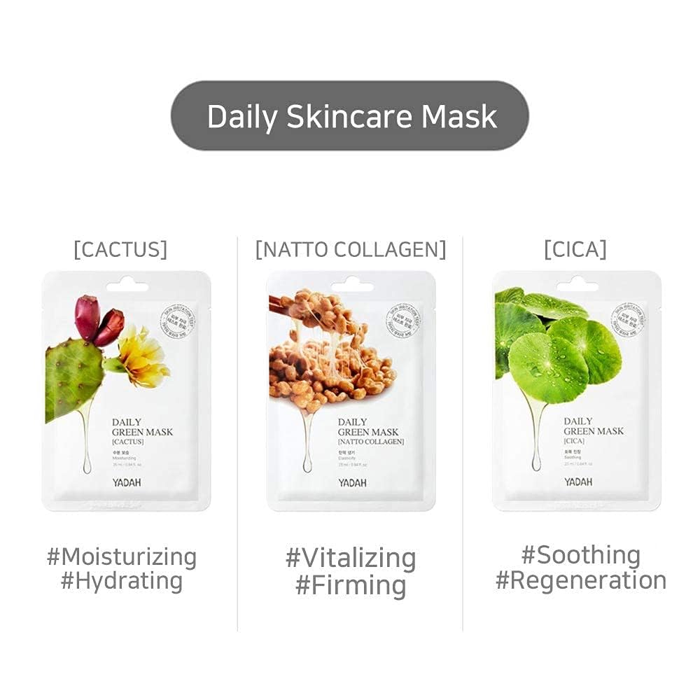 YADAH Daily Green Facial Sheet Mask, Natto Collagen, Pack of 5 – Vegan 100% Eco-friendly Mask Sheet for Skin Elasticity