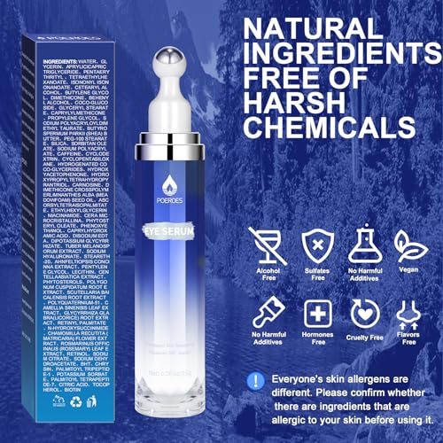 Eye Serum with 8% Caffeine 8% Retinol Hyaluronic Acid Niacinamide peptides for Puffy Bags Fine Lines Dark Circles Wrinkles, Under Eye Cream with 360° Roller Massage Ball, 0.5 fl. oz