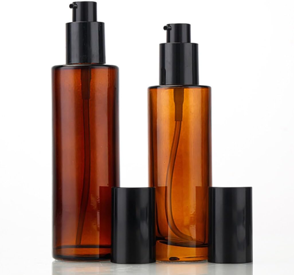 ASTRQLE 3 Pcs 60ml 2oz Amber Glass Pump Bottle - Travel Cream, Lotion, Mini Soap Dispenser, Cosmetic Bottle, Container, Vial, Jar for Shampoo, Essential Oil, Liquid Foundation