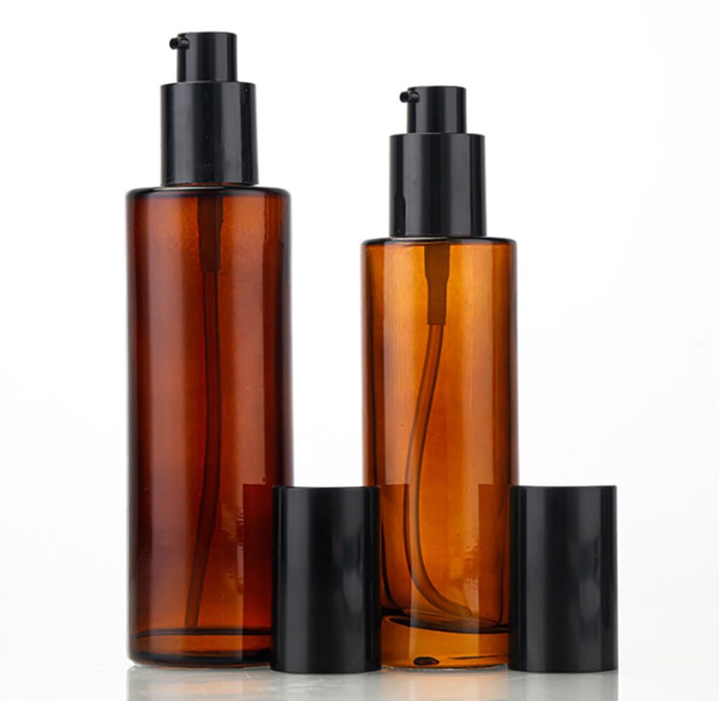 ASTRQLE 3 Pcs 60ml 2oz Amber Glass Pump Bottle - Travel Cream, Lotion, Mini Soap Dispenser, Cosmetic Bottle, Container, Vial, Jar for Shampoo, Essential Oil, Liquid Foundation