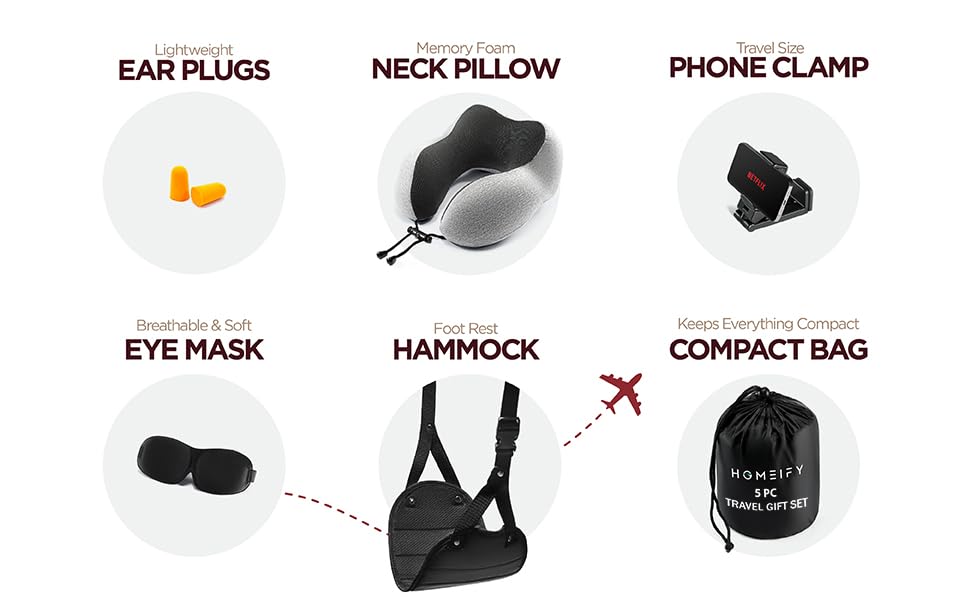 Airplane Neck Pillow Includes Travel Pillow + Airplane Phone Holder Mount + Eye Masks + Foot Hammock + Earplugs for Travel, 100% Pure Memory Foam Travel Pillow, 6 Pc Travel Kit