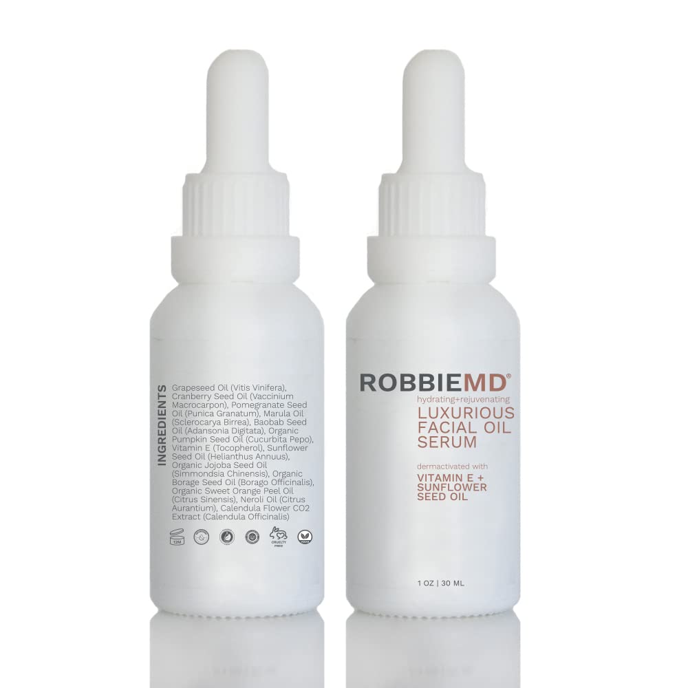 RobbieMD Luxurious Facial Oil Serum, Cold Pressed Organic Sunflower Oil and Vitamin E for Deep Hydration, Soothe Protect Skin Barrier Even Out Skin Tones (1 oz/30 ml)