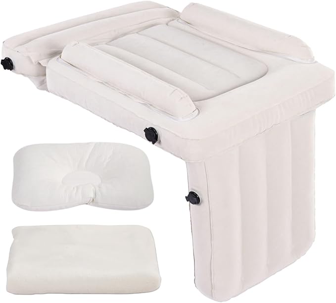 Luxury Toddler Airplane Bed – Travel Bed Seat Extender for Kids with Carry Bag, Air Pump, Pillow & Blanket – Portable Toddler Air Mattress, Travel Essentials for Airplane Seats (Beige)