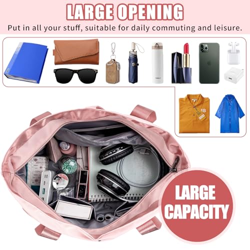 Large Tote Bag for Women with Multiple Pockets, Water Resistant Foldable Tote Bag Utility Tote, Lightweight Shoulder Bag Handbag for Travel, Work, Pink
