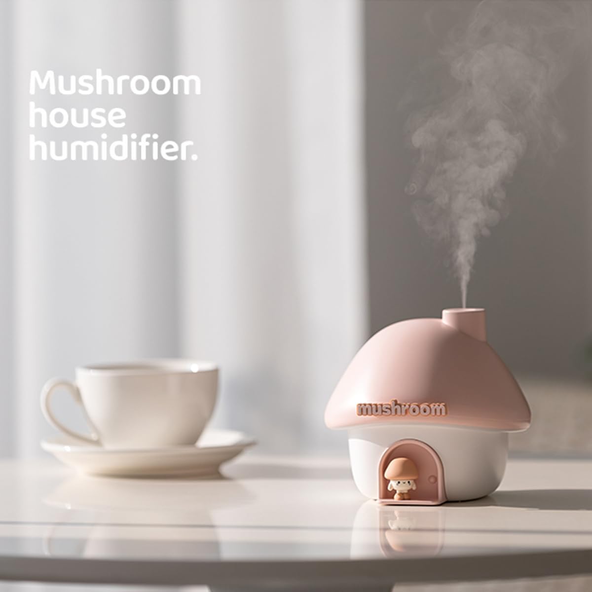 Cute Mushroom House Humidifier, 300ml Small Cool Mist Humidifers, USB Rechargeable Mini Portable Air Humidifer with Night Light for Bedroom, Office, Car, Travel, Indoor Plants (Pink)